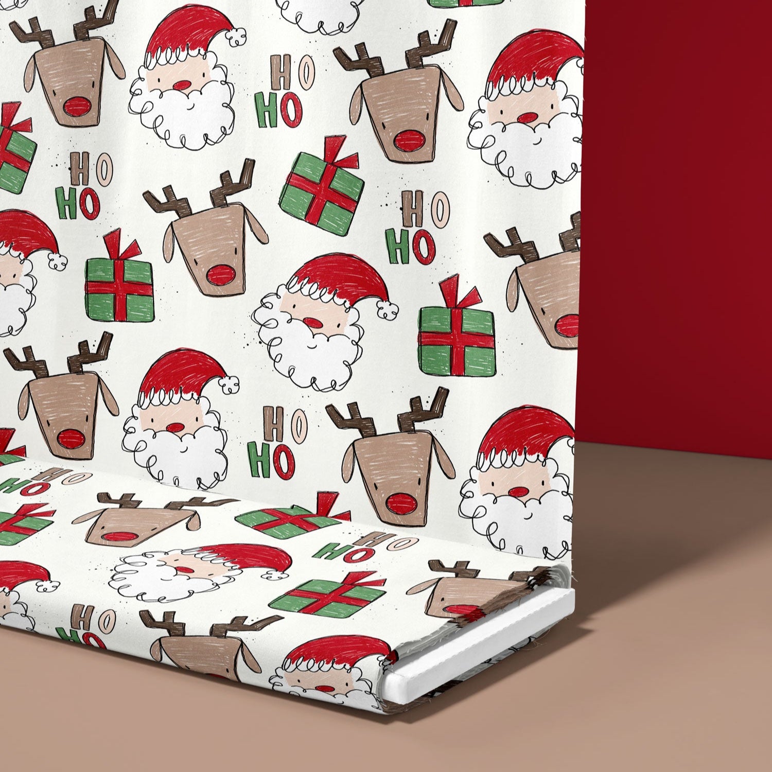Kinderstoff mit Weihnachtsmann, Rentier, Geschenk und Hoho von Katzengold design im sketchstil Meterware